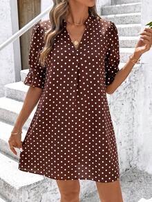SHEIN Clasi 女款波點缺口V領休閒派對旅行短洋裝 - 咖啡棕 - 查看 1