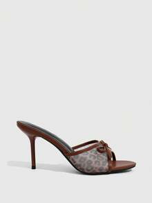 CUCCOO SZL Women Shoes Spring And Summer New Wine Multi-Color Leopard Print Mesh High-Heeled Sandals, Bow Open-Toed Stiletto Mules Shoes, Sexy Hot Girl Style, D - Brown - View 2