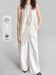 Ontre Top de mujer cómodo y agradable al tacto de mezcla premium de lyocell y tencel, ajuste ceñido, cuello en U pequeño, tirantes anchos, sin mangas, diseño de doble capa con dobladillo asimétrico, dobladillo fluido, estilo moderno urbano business casual para oficina, uso diario, de alta calidad, atuendo de aeropuerto, casual discreto, estilo old money, sofisticado para crucero, minimalista del Medio Oriente, lujo silencioso, textura esencial, versátil para todas las estaciones, serie minimalista - Blanco - Ver 5