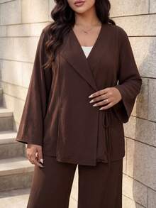 SHEIN Lady CURVE 秋冬新款大尺碼女款純色綁帶長袖上衣寬鬆休閒套裝褲裝套裝 棕色寬腿優雅套裝 - 咖啡棕 - 查看 3