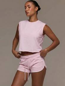 MUSERA ESSENTIALS Shorts mini de sudadera con cintura de cordón elástico, dobladillo con ribete en contraste, básicos lindos para uso diario, sexy, esencial para primavera y verano - Rosa - Ver 6
