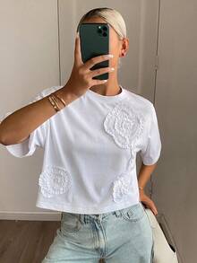 Livesso Petite Women's Summer Casual Solid Color 3D Floral Decor Cropped T-Shirt ,Petite Women - White - View 3