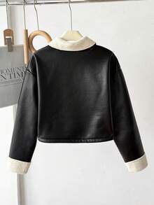 SHEIN 青少年女孩時尚街頭休閒翻領保暖內裡加厚前開拉鍊PU短版黑色夾克外套 秋冬款 - 黑色 - 查看 3
