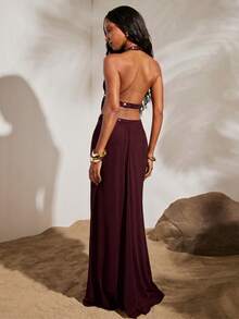 Opulessa Spring/Summer Vacation Solid Color Knit Mesh Hollow Out Halter Backless Dress For Women - Burgundy - View 2