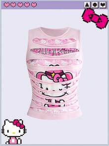 HELLO KITTY AND FRIENDS | ROMWE Y2K 粉色辣妹風美式牛仔 2 合 1 破舊感女款背心 - 白色 - 查看 1