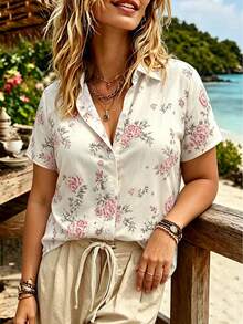 EMERY ROSE Plus Size Women's Woven Printed Casual Resort Women's Summer Shirt - Apricot - View 3