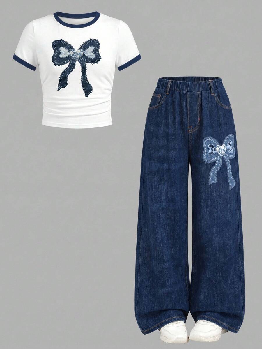 SHEIN Girlism 少女休闲街头时尚白色T恤配豹纹蝴蝶结和豹纹长裤套装 - 彩色 - 查看 1