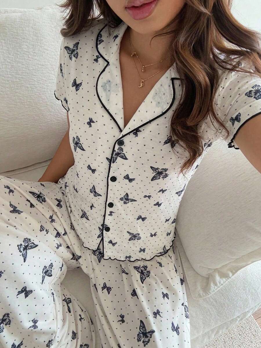 DAZY 女款夏季優雅蝴蝶印花上衣與寬腿睡褲套裝 - 黑與白 - 查看 1
