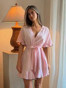 DAZY Women's Polka Dot Print Ruffle Hem Nightgown - Pink - View 5