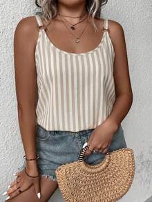 Comfylo Plus Size Apricot Striped Pattern Camisole, Suitable For Vacation And Casual Wear - Multicolor - View 4