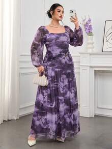 Modelyn Rochie elegantă pentru femei mărimi mari, tie-dye, cu decolteu pătrat, mânecă lanternă, talie și decorațiune metalică - Violet - View 6