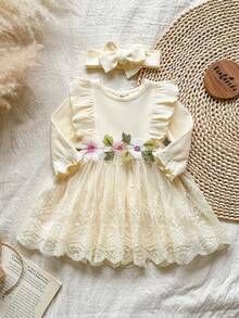 SHEIN Vintaside Kids 新生女嬰白色坑條三維刺繡花朵蝴蝶結拼接網紗洋裝與髮帶2件組，秋冬新款優雅適合戶外拍攝 - 杏色 - 查看 3