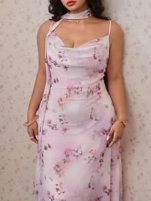 CovetEZ 春夏新款浪漫蝴蝶與花卉印花網紗荷葉領度假休閒大尺碼細肩帶洋裝 - 彩色 - 查看 8