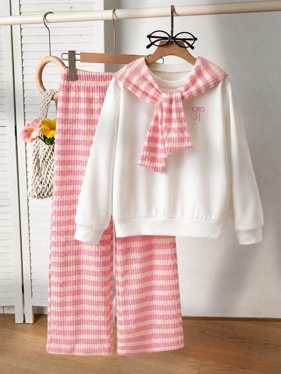 SHEIN Conjunto de sudadera con capucha tipo chal + pantalones de pierna ancha a rayas para niña preadolescente, adecuado para primavera y otoño - Rosa - Ver 1