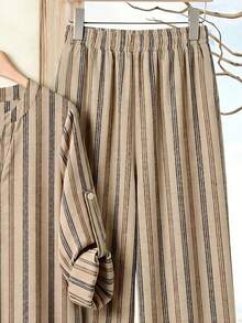 Rusticease Plus Size Women's Striped Pattern Cuffed Sleeve Button-Up Shirt And Pants 2 Pieces Set - Khaki - View 6