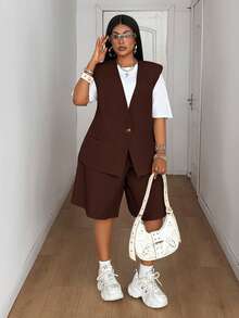 Maweii Plus Size Women's Solid Color Single Button Vest And Shorts Casual Commute Suit Set - Coffee Brown - View 3