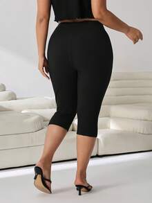 Solflare Plus Size Casual Versatile Solid Color High Waist Leggings - Black - View 7