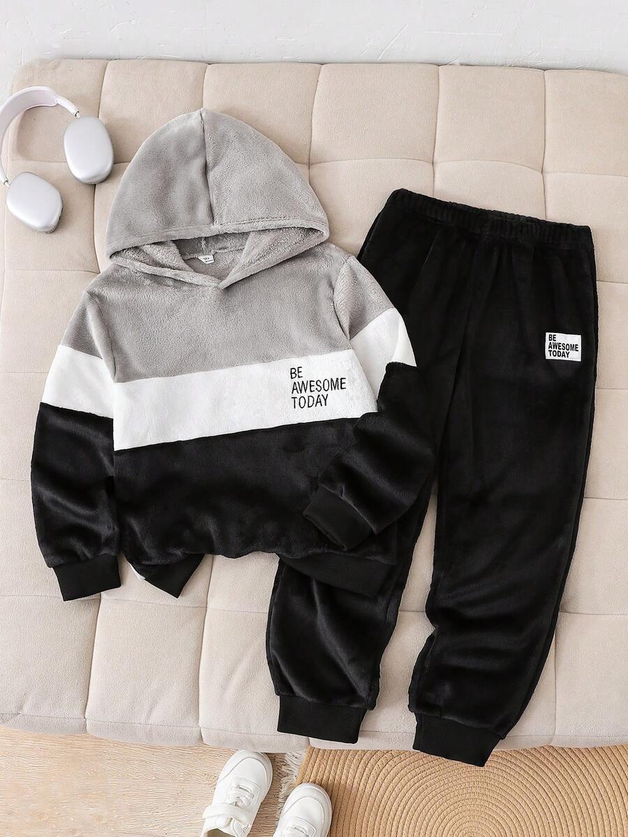 Boys Casual Double-Sided Fleece Patchwork Colorblock Plush Hooded 2 Pieces Set - Multicolor - View 1