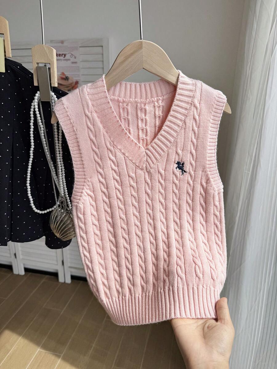 SHEIN 少女粉色刺繡背心毛衣，圓領，適合搭配裙子，適用於秋冬春夏