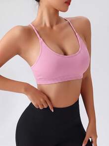 SHEIN Sports Solid Color Ribbed Lace-Up Criss-Cross Seamless Sports Bra - Pink - View 4