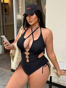Swim SXY Baju Renang Seksi Terusan Wanita Ukuran Besar Warna Polos Berongga dengan Tali Leher dan Ikat Pinggang, Dekorasi Logam, Tali Serut Samping - Hitam - View 5