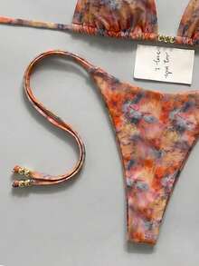 Swim Vcay 女款夏季海灘度假塗鴉印花掛脖綁帶露背性感丁字比基尼套裝 - 彩色 - 查看 6