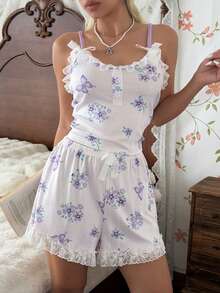 CottageSlumber Romantic Floral & Butterfly Print Lace Patchwork Knit Camisole Women's Pajama Set - Multicolor - View 3