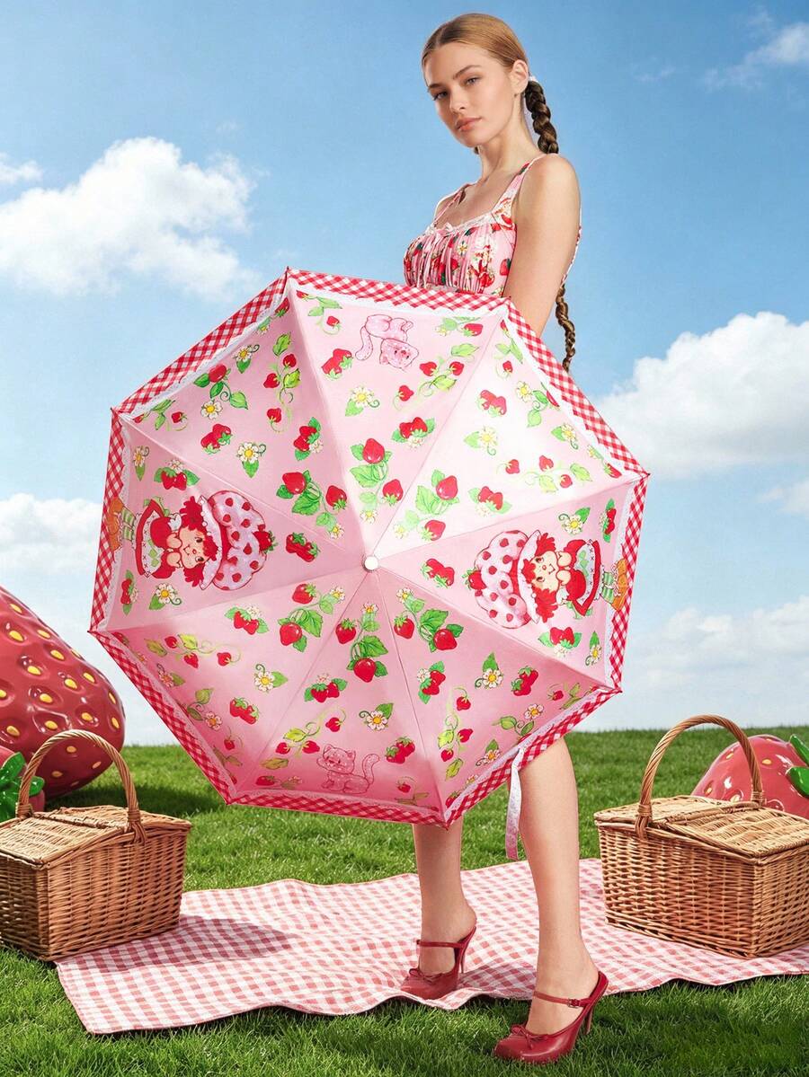 Strawberry Shortcake X SHEIN 1 Cute Strawberry Pattern Print Umbrella, Sun Protection Function, Suitable For School, Work, Going Out And Daily Use, Is The Ideal Gift Choice. - Pink - View 1