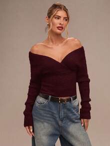 SHEIN BAE Regular Women's Solid Color Off-Shoulder Long Sleeve Fitted Fashion Sweater - Purple - View 6