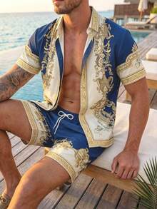 VIVINTIMO Conjunto de camisa y pantalones cortos de vacaciones casuales para hombres con estampado retro de color contrastante - Azul Marino - Ver 4