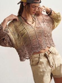 Bohemela Vintage Boho Gradient Seahorse Hollow Knit Sweater Vacation Dusty Pink Autumn - Champagne - View 4