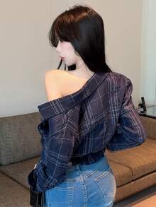 DAZY 春秋藍色韓風細肩帶背心與格紋襯衫開襟外套兩件套，休閒寬鬆街頭風可愛通勤女款T恤 - 藏蓝色 - 查看 7