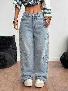 Coolane Women's Rapper Athleisure Grunge Star Pattern Washed Jeans - Light Wash - View 4