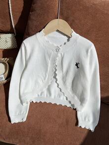 SHEIN 女童白色小開襟衫，附小標誌刺繡與荷葉邊飾，可搭配裙子/公主裙，百搭小外套 - 白色 - View 7