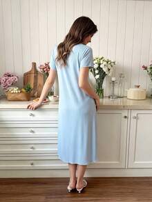 Snug Reverie Women's Casual Lapel Solid Color Ice Silk Bow Short Sleeve Loungewear Dress - Baby Blue - View 2