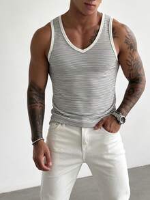 Manfinity Dauomo Men's Striped V-Neck Casual Versatile Tank Top - White - View 1