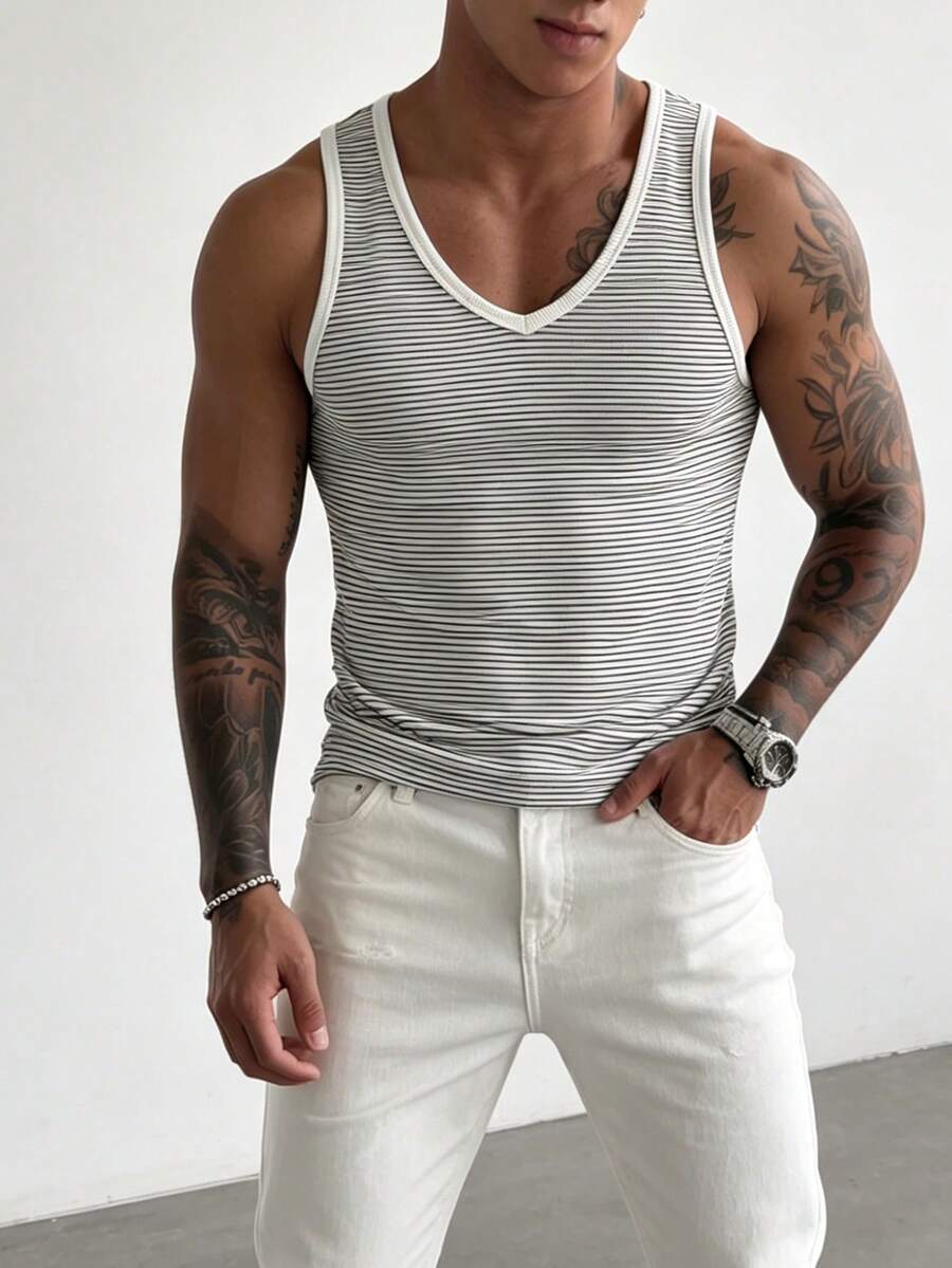 Manfinity Dauomo Men's Striped V-Neck Casual Versatile Tank Top - White - View 1