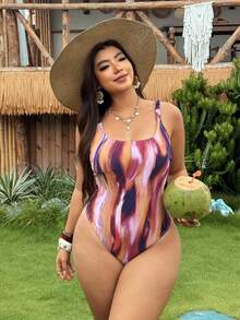 Swim Vcay Plus Size Vacation Beach Burnt Orange Print One-Piece Swimsuit Summer Sexy - Multicolor - View 4