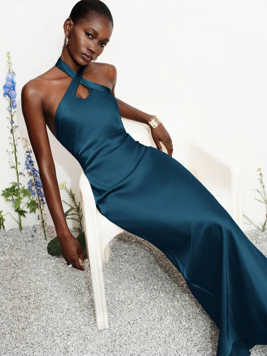 Aveloria Modichic Fashionable Elegant Elegant Slim Fit Sexy Satin Halter Neck Solid Color Dress Wedding Corporate Formal Teal Blue Summer - Blue - View 1