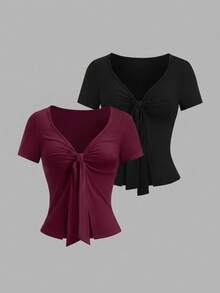 Sweetra Women's Solid Color Front Knot Short Sleeve Casual T-Shirt - Multicolor - View 1