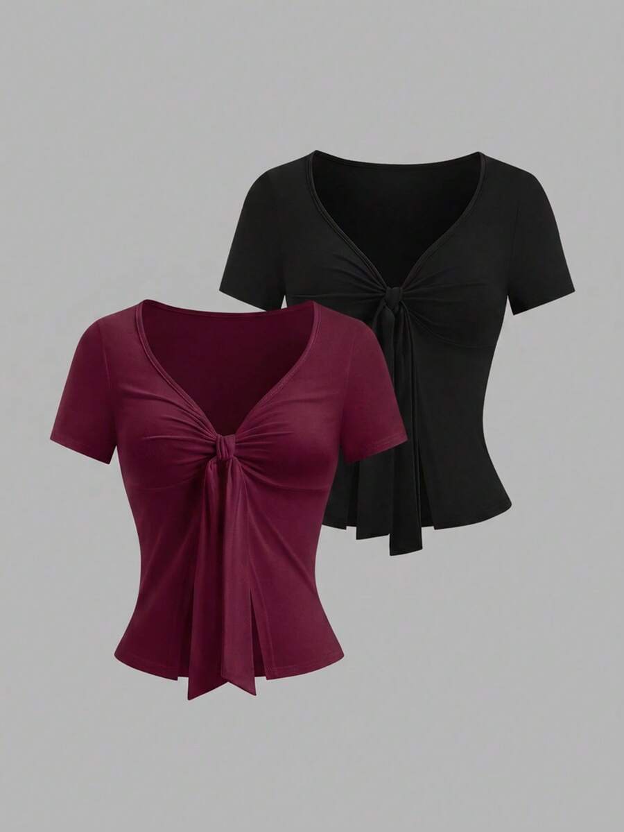Sweetra Women's Solid Color Front Knot Short Sleeve Casual T-Shirt - Multicolor - View 1