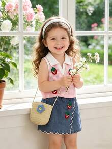 SHEIN Elladie kids 2件組可愛草莓刺繡女嬰套裝 粉色夏季無袖針織背心搭配荷葉邊牛仔裙褲 2歲生日時尚柔軟套裝 - 粉色 - 查看 8