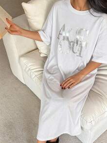 DAZY Women's Letter Print Casual Daily Home Short Sleeve Nightgown Summer Pajamas - White - View 5