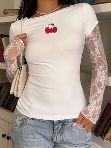 CovetEZ HELLO KITTY AND FRIENDS | SHEIN 休閒性感可愛風聯名款 95%棉 夏季休閒黑色針織蕾絲拼接 2合1 女款長袖上衣，適合春夏穿著 - 白色 - 查看 5