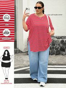 SHEIN CURVE+ 大尺碼女款春夏時尚休閒寬鬆舒適日常百搭黑白條紋短袖大尺碼T恤，夏季穿搭，大尺碼上衣，極簡風格 - 紅色 - 查看 1