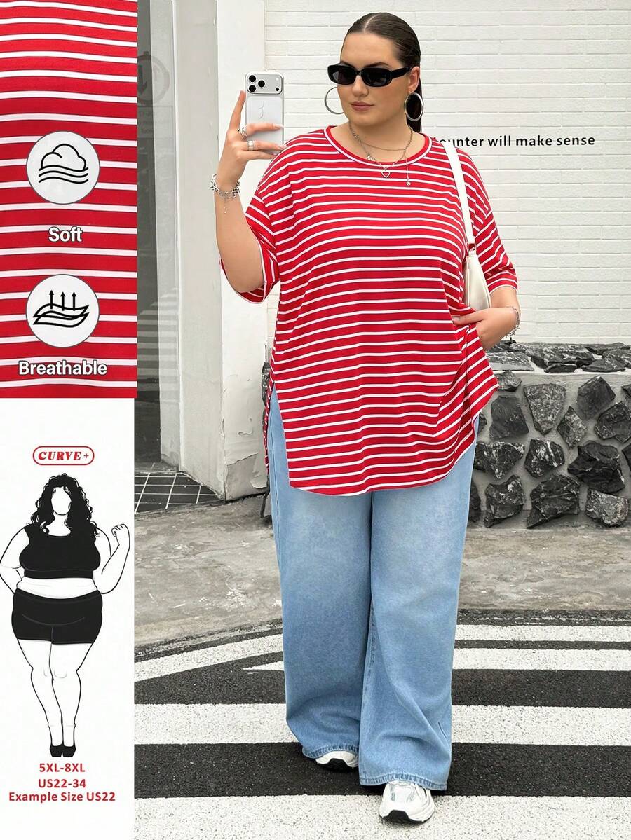 SHEIN CURVE+ 大尺碼女款春夏時尚休閒寬鬆舒適日常百搭黑白條紋短袖大尺碼T恤,夏季穿搭,大尺碼上衣,極簡風格 - 紅色 - 查看 1