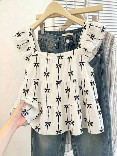 Divinelle Blouse pour femmes à manches courtes avec nœud papillon, imprimé et ourlet à volants