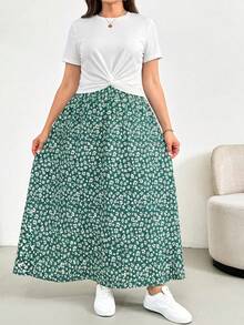 SHEIN Essnce Conjunto de dos piezas de verano para mujer talla grande, conjunto de manga corta, conjunto de falda estampada de dos piezas, conjunto casual y cómodo para mujer talla grande, ropa de mujer estampada, conjuntos de verano para mujer, conjuntos de descanso para mujer, conjunto de dos piezas para vacaciones, conjunto de verano de 2 piezas, conjuntos de verano para mujer - Verde Oscuro - Ver 5