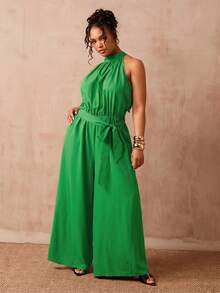Slaydiva Mono de cuello halter de unicolor talla grande para vacaciones y uso casual - Verde - Ver 10