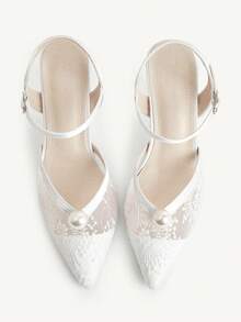 CUCCOO CHICEST Premium Bridal High Heels Women's Lace Mesh Big Pearl Coarse Heel Pointed Toe Shoes - White - View 2